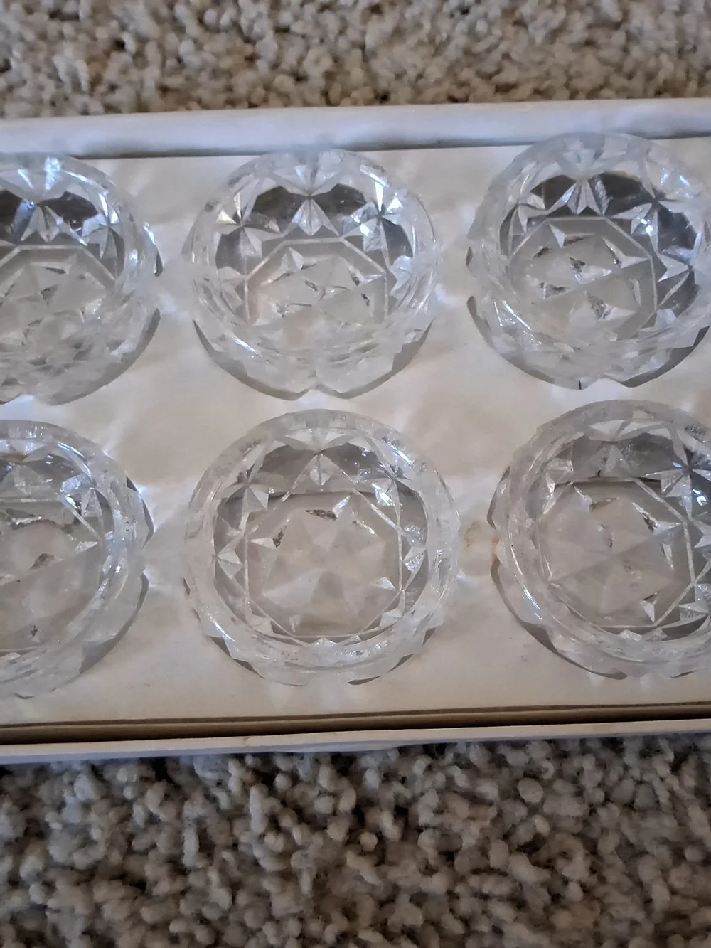 Vtg Set of 6 Salt Crystal Bowls & 2 Spoons Cut Glass Made in Japan w/Box